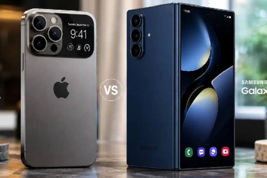 Perbandingan desain ponsel lipat Apple iPhone Ultra dan Samsung Galaxy Z Fold 8.